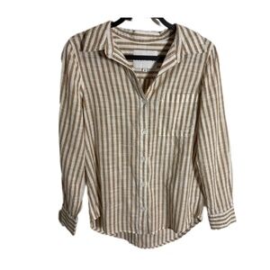 Lola River Anthropologie Women’s SZ S Button Down Blouse Long Sleeve Tan& White